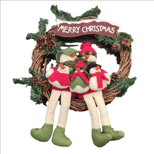 16" Merry Christmas Grapevine Wreath Plush Snowman Family Holiday Decor